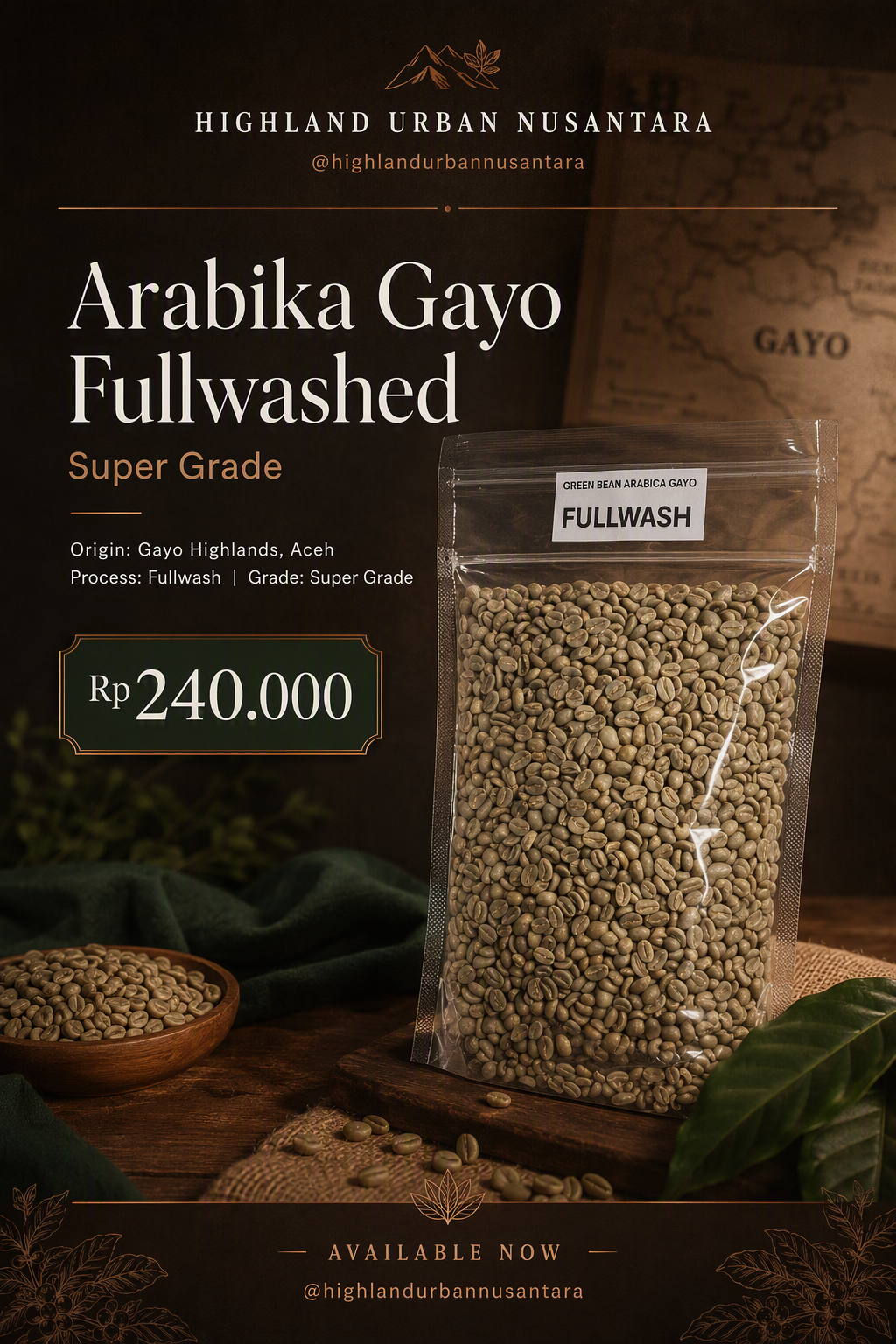 Arabika Gayo Fullwashed Green Beans Organic 1Kg Grade Super